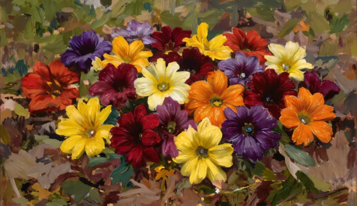 Flowers tered on the ground, multicolored flowers, flowers with saturated colors, flowers with lots of bright colors