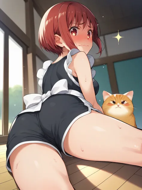 score_9, score_8_up, score_7_up, sauce_Anime,
Canary, Arima etc.., short hair, bangs, RED EYES, Red hair, bob cut, small  
, (embarrassed, put your hands on your face, sparkle, skin, with an indecent expression and a smand, looking back, , with a crooked b...