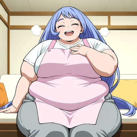high resolution picture, masterpiece, best quality, amazing quality, official art,  hado_nejire from My Hero Academia , 1girl,nejire hadou, blue eyes, blue hair, long hair, medium     (flat colors, pastel colors)       ,   BREAK (curvy),    pink apron, whi...
