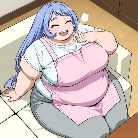 high resolution picture, masterpiece, best quality, amazing quality, official art,  hado_nejire from My Hero Academia , 1girl,nejire hadou, blue eyes, blue hair, long hair, medium     (flat colors, pastel colors)       ,   BREAK (curvy),    pink apron, whi...