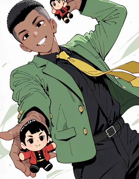 (dynamic angle,dynamic cool model pose),solo,portrait,upperbody,Lupin,1boy,black hair,crew cut,undercut,black eyes,green jacket,black shirt,yellow tie,open jacket,black pants,dark skin,(holding a traditional Japanese bobblehead doll),soft lineart,flat colo...