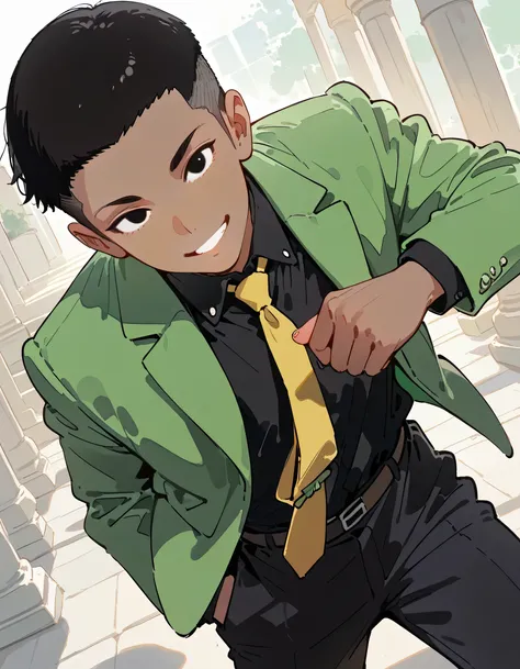 sideview,looking at viewer,closed up face,(dynamic angle,dynamic cool model pose),solo,portrait,upperbody,Lupin,1boy,black crewcut,undercut,forehead,black eyes,green jacket,black shirt,yellow tie,open jacket,black pants,dark skin,soft lineart,flat color ba...