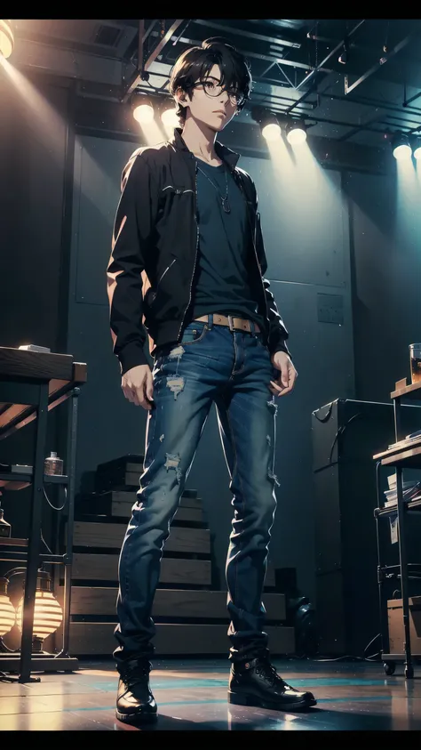 masterpiece, best quality, 1boy, solo, Amamiya Ren, glasses, ((blue shirt long sleeve and jeans)), ((top quality, ultra-detailed, high resolution, extremely detailed CG, unity 8k wallpaper, Makoto Shinkai style, by famous artist, perfect anatomy, super det...