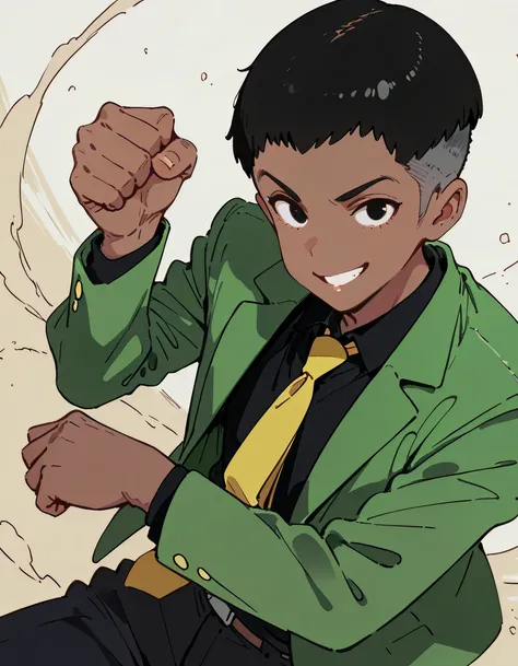 (sideview+),(looking at viewer:1.3),(dynamic angle,dynamic fist pumpl pose),solo,portrait,upperbody,Lupin,1boy,black crewcut,undercut,forehead,black eyes,green jacket,black shirt,yellow tie,open jacket,black pants,dark skin,soft lineart,flat color backgoun...