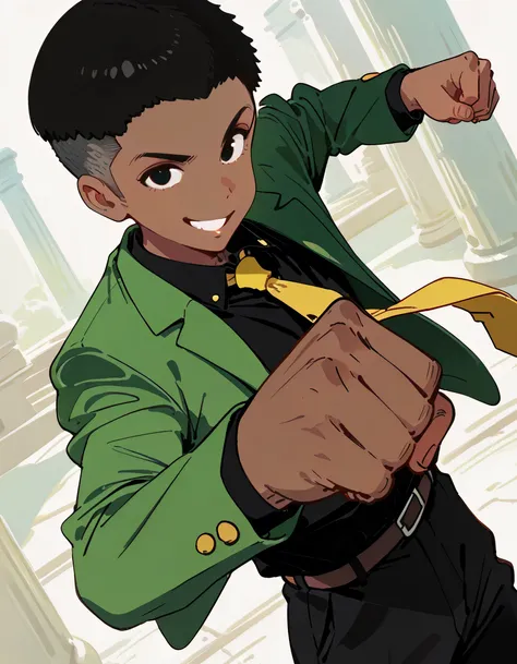 (sideview+),(looking at viewer:1.3),(dynamic angle,dynamic fist pumpl pose),solo,portrait,upperbody,Lupin,1boy,black crewcut,undercut,forehead,black eyes,green jacket,black shirt,yellow tie,open jacket,black pants,dark skin,soft lineart,flat color backgoun...