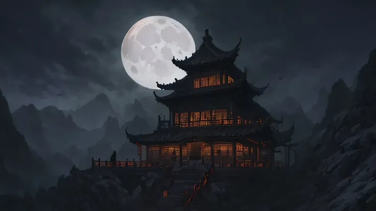 ancient chinese gothic library exterior, dark ambience, masterpiece, perfect composition, vector art, manga art, on a hill, in a mountainous area, dark cinematic lighting, moon shining in the ht sky, magic library,