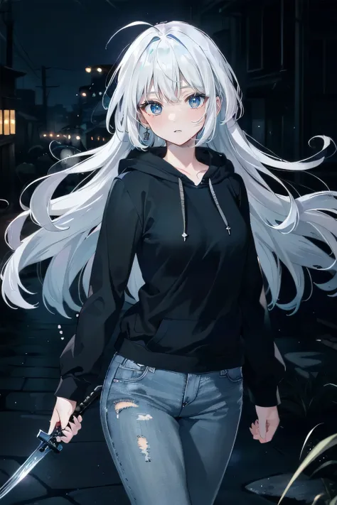 (masterpiece), (best quality), (ultra high resolution), (ultra detailed), High definition RAW color art, animation,sculpture, Silver Marble Skin, Ultra detailed elegant, finely detailed color, cenematic painting, ((holding dagger)), urban, ((night:2)), all...