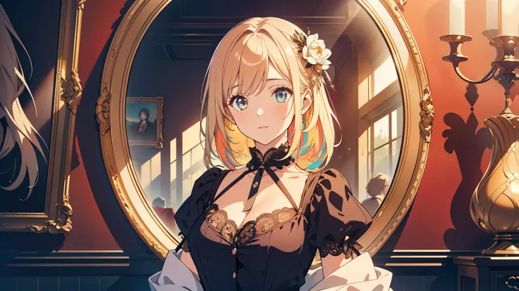 GORGEOUS ROOM、ROUND MIRROR ROOM、one woman、Looking at us from inside the mirror、Gothic Fashion、From head to waist level、front、 western style 、masterpiece, 最High Quality, High Quality,  very detailed CG unified 8k wallpaper,  Award-winning photography, depth...