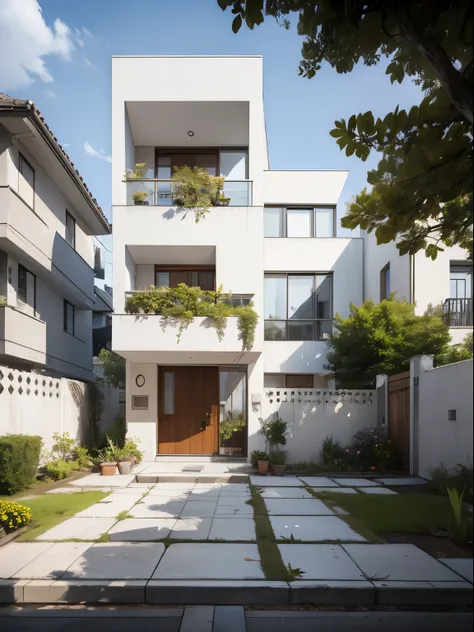 RAW photo, Masterpiece, high quality, best quality, realistic, super detailed, exterior, outdoor, townhouse, located in the city, (white wall :1.4), glass windows, (gray roof :1.1), decorative tiles on small wall, , trees, beautiful sky, grass, stone walkw...