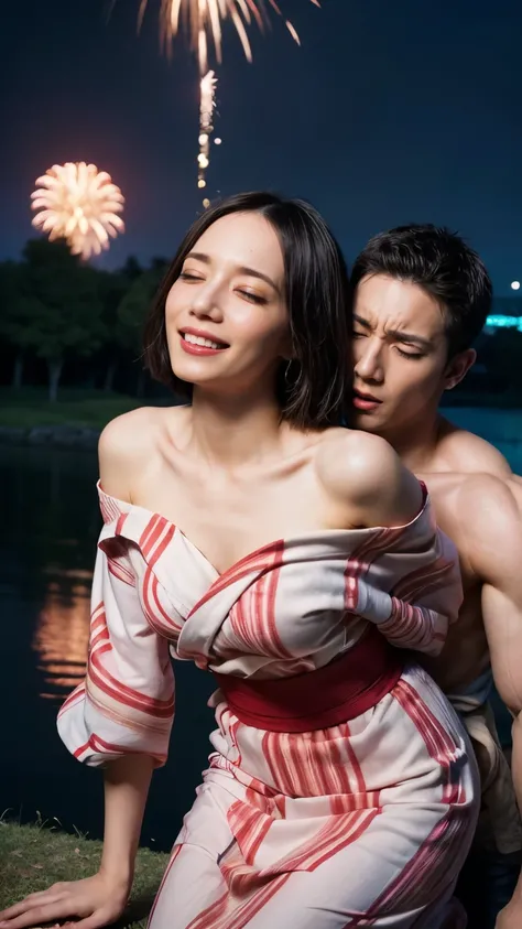 (The 8k quality, Ultra-high-resolution quality, Ultra high definition, Photorealistic, Best Quality):1.5, (​masterpiece):1.4,
(camera angle from oblique below view, A grassy riverbank at night where you can see the many  fireworks from the fireworks festiv...