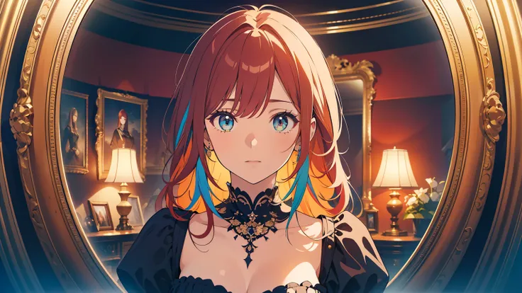 GORGEOUS ROOM、ROUND MIRROR ROOM、one woman、front、Looking at us from inside the mirror、From head to waist level、Gothic Fashion、Red Hair、masterpiece, 最High Quality, High Quality,  very detailed CG unified 8k wallpaper,  Award-winning photography, depth of fie...