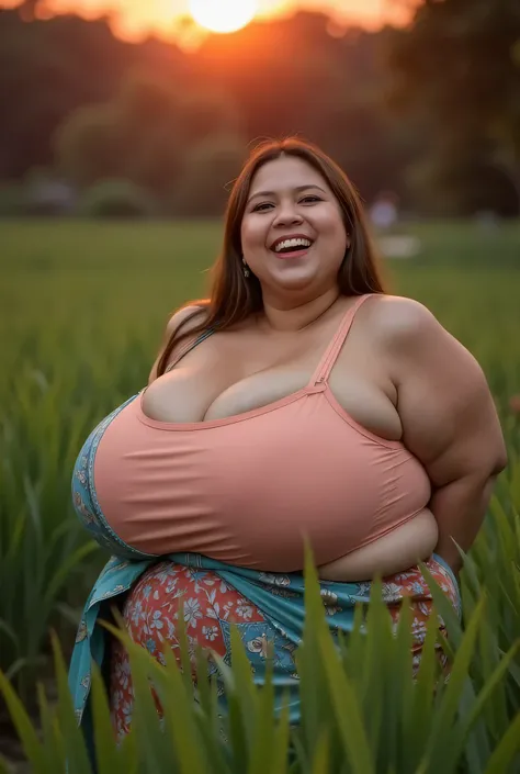 (realistic, photo-realistic:1.4), Bbw Fat beauty smile, Straight hair covers the ears perfectly, Wearing peach plain Strapless Bra , (( wearing Kain Batik Sarong )),  view from the front,  both hands lying behind back, background rice paddy. twilight is re...