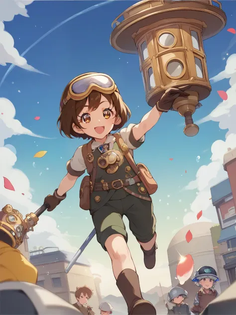 score_9, score_8_up, score_7_up, sauce_Anime，nsfw，Animeスタイル，cute young age girl、steampunk style work suit、helmet with steampunk style goggles，brown hair，Blade on one side、I have a hammer that is as big as your steampunk height、hammer has tools、background i...
