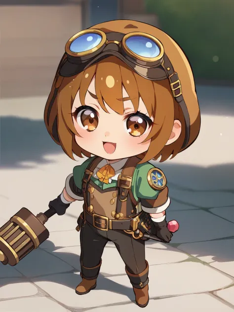 score_9, score_8_up, score_7_up, sauce_Anime，nsfw，( chibi:1.4)，Animeスタイル，cute young age girl，Babyface，Short Height，flat chested，Petite，skinny，steampunk style work suit，helmet with steampunk style goggles，brown hair，Blade on one side、I have a hammer that is...