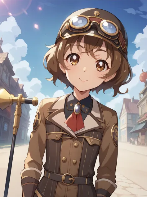 score_9, score_8_up, score_7_up, sauce_Anime，nsfw，Animeスタイル，cute young age girl，Babyface，Short Height，flat chested，Petite，skinny，steampunk style work suit，helmet with steampunk style goggles，brown hair，Blade on one side、I have a hammer that is as big as yo...