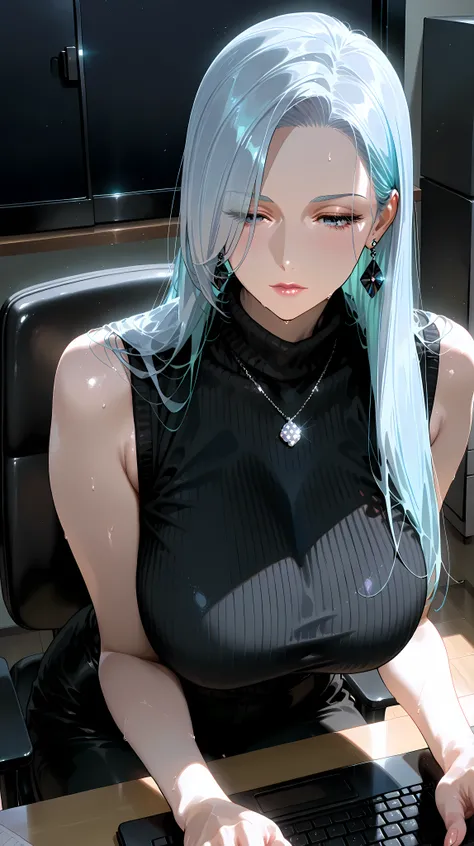 1girl, solo, beautiful, modern black office, bright (masterpiece:1.2), (best quality:1.2), perfect eyes, perfect face, perfect lighting, perfect body, large breasts , light blue hair, long straight hair cut, large breasts , hair covering one eye, black ear...