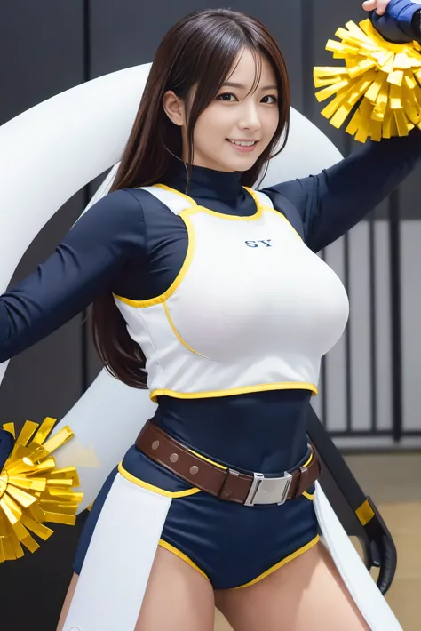 ((highest quality)), (be familiar with), perfect face, Japanese,35yo, smile, Full body Esbian:1.5, big breasts:1.5, Woman warrior:1.5, cheerleading uniform armor:1.5, adventurer, huge sword, huge sword, huge sword, huge gun, Sony FE GM, snow, naked, pony-t...