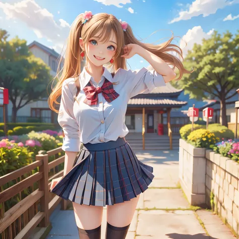 (masterpiece,best quality: 1.4),(8k,raw photo,photo realistic:1.2),shiny skin, detailed skin,detailed face,detailed eyes,Japanese idol,beautiful face,flower garden, blue sky, countryside, one beautiful girl, very pretty,(blond hair,twin tails:1.2),short st...