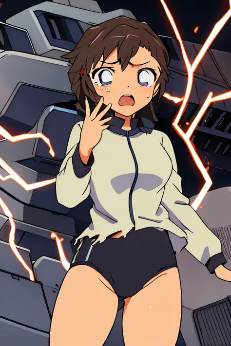 cockpit_explosion, fire, electricity, screaming, explosion, science fiction, wide-eyed, tearing clothes, standing, , scared, sweat, crying, mecha, torn clothes, tears, cockpit,1girl、wearing black gymnastics bloomers,high leg,white blouse,cowboy shot,self w...