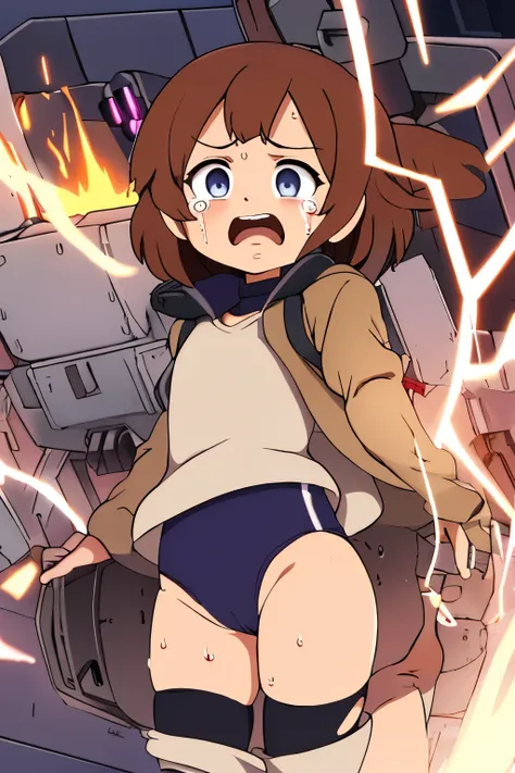 cockpit_explosion, fire, electricity, screaming, explosion, science fiction, wide-eyed, tearing clothes, standing, , scared, sweat, crying, mecha, torn clothes, tears, cockpit,1girl、wearing black gymnastics bloomers,high leg,white blouse,cowboy shot,self w...
