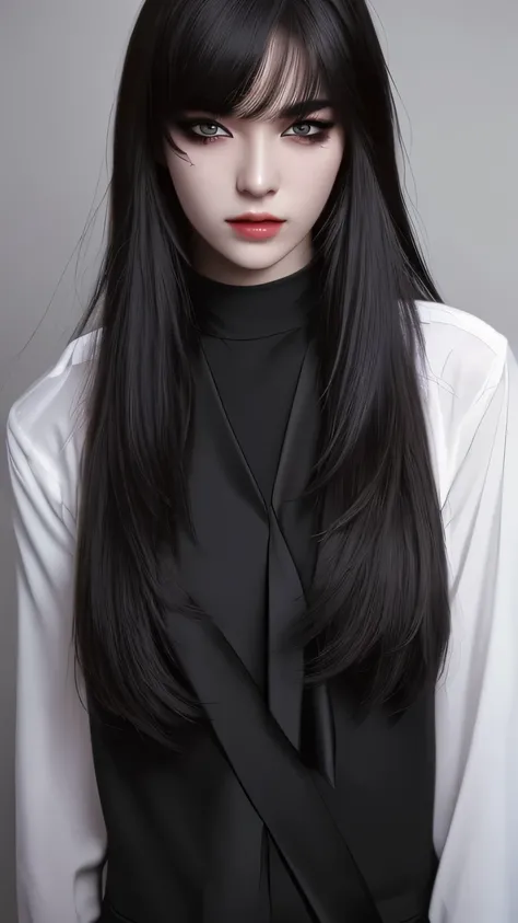 (Photorealistic: 1.5),long black hair,black pupils,cat eyelashes,wearing white shirt and black pants with black tie,highly detailed,high quality,high resolution portrait