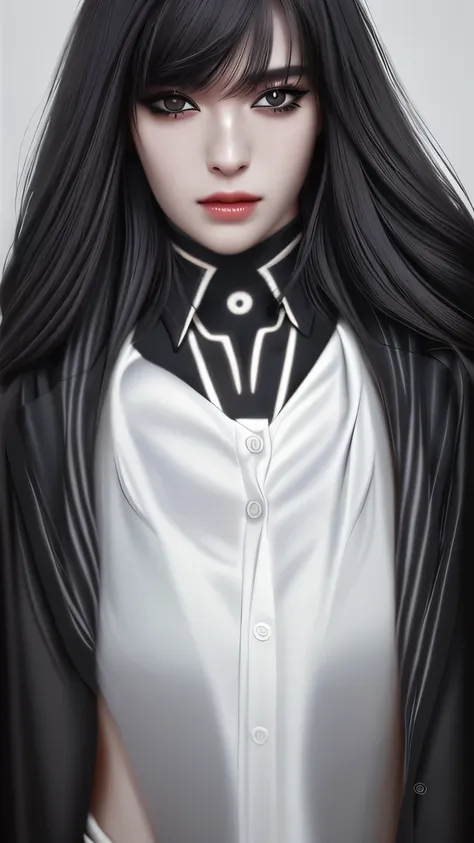 (Photorealistic: 1.5),long black hair,black pupils,cat eyelashes,wearing white shirt and black pants with black tie,highly detailed,high quality,high resolution portrait