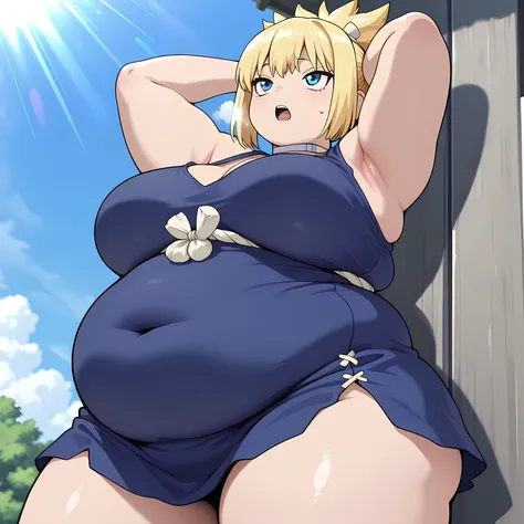 masterpiece, best quality, highres, newest, 1girl, solo, official style, anime screncap,  kohaku, blonde hair, blue eyes, white choker, blue sleeveless dress, thighs, looking up, sweatdrop, blue sky, sunlight, open mouth, narrowed eyes, armpit, hands over ...