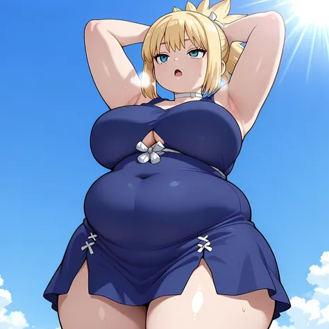 masterpiece, best quality, highres, newest, 1girl, solo, official style, anime screncap,  kohaku, blonde hair, blue eyes, white choker, blue sleeveless dress, thighs, looking up, sweatdrop, blue sky, sunlight, open mouth, narrowed eyes, armpit, hands over ...