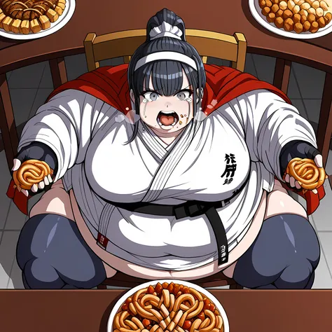 score_9, score_8_up, score_7_up, source_anime,  kiyoshika, black hair, ponytail, grey eyes, red cape, headdress, black fingerless gloves, black belt, dougi, sheat, black thighhighs,  force-feeding, feeding, forced, full mouth, food, eating, tears, indoor, ...