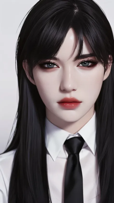 (Photorealistic: 1.5),long black hair,black pupils,cat eyelashes,wearing white shirt and black pants with black tie,highly detailed,high quality,high resolution portrait