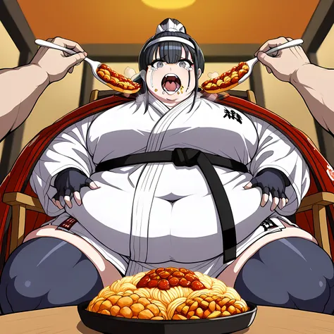 score_9, score_8_up, score_7_up, source_anime,  kiyoshika, black hair, ponytail, grey eyes, red cape, headdress, black fingerless gloves, black belt, dougi, sheat, black thighhighs,  force-feeding, feeding, forced, full mouth, food, eating, tears, indoor, ...