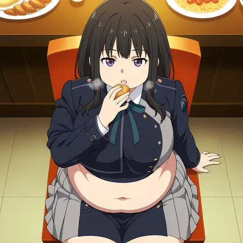 masterpiece, best quality, highres, newest, 1girl, solo, official style, anime screencap,  takina, black hair, purple eyes, lycoris uniform, expressionless, , looking at viewer, cowboy shot, hand up, five fingers eating food, in front of tones of food, sit...