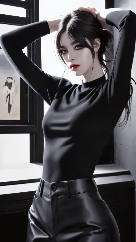 (Photorealistic: 1.5),long black hair,black pupils,cat eyelashes,wearing white shirt and black pants with black tie,highly detailed,high quality,high resolution portrait