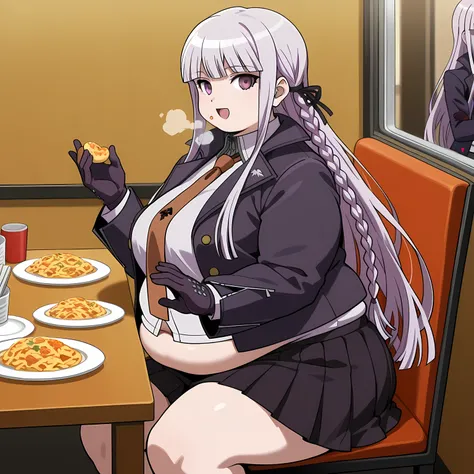 score_9, score_8_up, score_7_up, source_anime,  kyouko kirigiri, long hair, bangs, ribbon, purple eyes, hair ribbon, purple hair, braid, single braid, side braid,, skirt, shirt, gloves, long sleeves, jacket, white shirt, pleated skirt, open clothes, neckti...