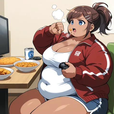 score_9, score_8_up, score_7_up, source_anime,  aoi asahina, short hair, bangs, blue eyes, brown hair, hair ornament, ponytail, hairclip, dark skin, dark-skinned female, large breasts,, shirt, long sleeves, cleavage, collarbone, jacket, white shirt, open c...