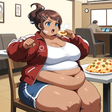 score_9, score_8_up, score_7_up, source_anime,  aoi asahina, short hair, bangs, blue eyes, brown hair, hair ornament, ponytail, hairclip, dark skin, dark-skinned female, large breasts,, shirt, long sleeves, cleavage, collarbone, jacket, white shirt, open c...