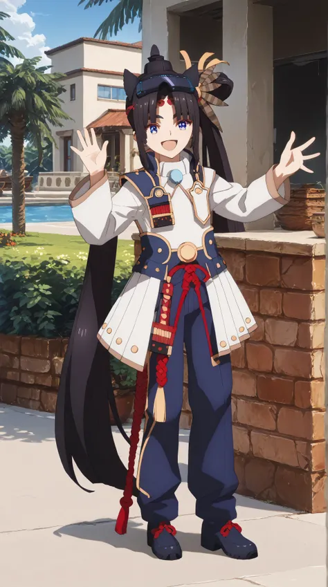 1girl, black hair, very long hair, blue eyes, hair bun, side ponytail, circlet, hair ornament, head wings, feathers, cut out suit, cute clothes, high collar, red and white clothes, Head-Mounted Display, outdoors, techno background, RGB, leds contraposto, c...