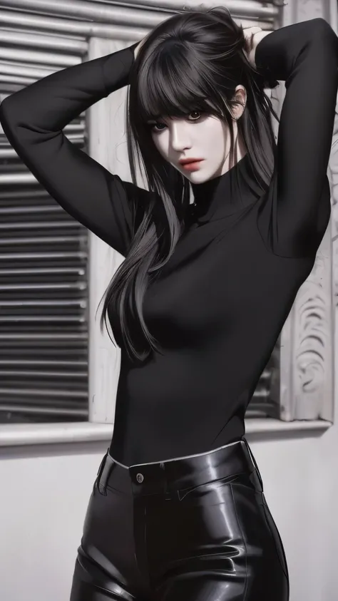 (Photorealistic: 1.5),long black hair,black pupils,cat eyelashes,wearing white shirt and black pants with black tie,highly detailed,high quality,high resolution portrait