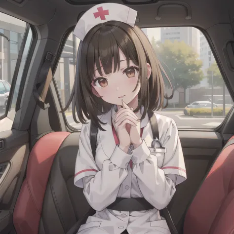 A beautiful anime girl sitting in the passenger seat of a compact car. She's wearing a light blue nurse uniform with a matching nurse cap, styled in a soft, elegant way. She leans slightly toward the driver's seat, her upper body tilted forward naturally. ...
