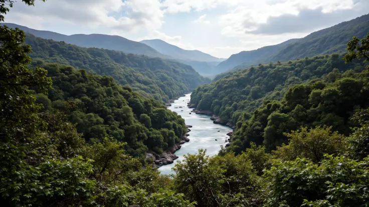 An epic, sweeping landscape photograph of a wild, untouched version of the Patagonian mountains. The nature is pristine, vibrant, and slightly alien, with strange, giant prehistoric plants and ferns mixed in with familiar ones. A raging river cutting throu...