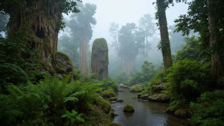 An epic, sweeping landscape photograph of a wild, untouched version of the a vast, foggy swamp. The nature is pristine, vibrant, and slightly alien, with strange, giant prehistoric plants and ferns mixed in with familiar ones. Giant, ancient trees covered ...