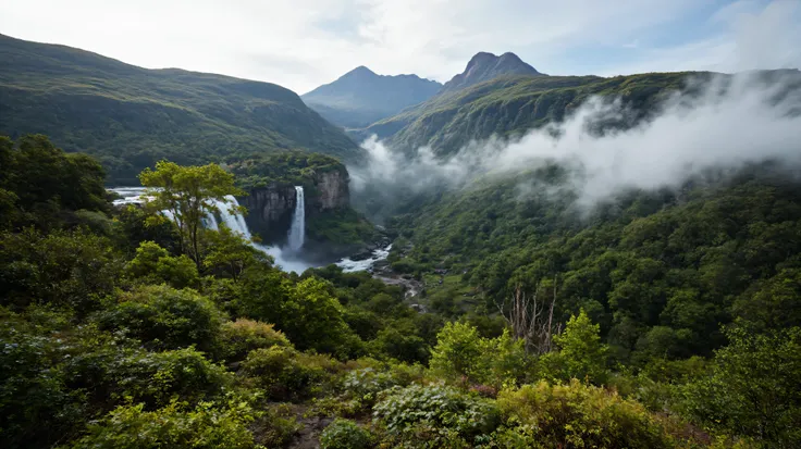 An epic, sweeping landscape photograph of a wild, untouched version of the Patagonian mountains. The nature is pristine, vibrant, and slightly alien, with strange, giant prehistoric plants and ferns mixed in with familiar ones. A massive waterfall cascades...