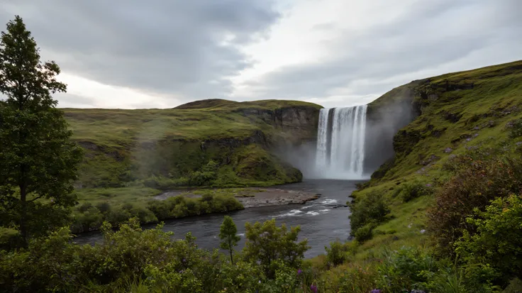An epic, sweeping landscape photograph of a wild, untouched version of the the Icelandic highlands. The nature is pristine, vibrant, and slightly alien, with strange, giant prehistoric plants and ferns mixed in with familiar ones. A massive waterfall casca...