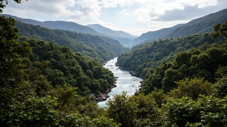 An epic, sweeping landscape photograph of a wild, untouched version of the Patagonian mountains. The nature is pristine, vibrant, and slightly alien, with strange, giant prehistoric plants and ferns mixed in with familiar ones. A raging river cutting throu...