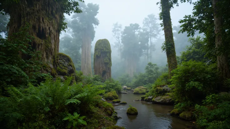An epic, sweeping landscape photograph of a wild, untouched version of the a vast, foggy swamp. The nature is pristine, vibrant, and slightly alien, with strange, giant prehistoric plants and ferns mixed in with familiar ones. Giant, ancient trees covered ...