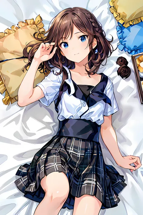 (child)，Best Quality，beautiful face in every detail，cute，Dark Brown Eyes，(背の低いcute，Young student，Young and delicate ）,（masterpiece，Best Quality)，dark haired，sleepy expression，short sleeve white shirt，plaid skirt，Pathetic，Pathetic，Pathetic，brown hair，shortc...
