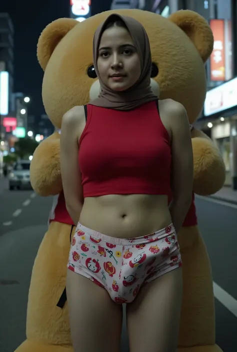 SMALL CUTE MALAY HIJAB GIRL, (realistic, photo-realistic:1.4), (1 FUTUNARI), big breast, wearing red cropped singlet and hello kitty plain panties, hand on hips, ((HEAVY NIPPLES)), (( TRANSPARENT )), ((TEARS)). KEDUA BELAH TANGAN DILETAK DIBELAKANG PUNGGUN...