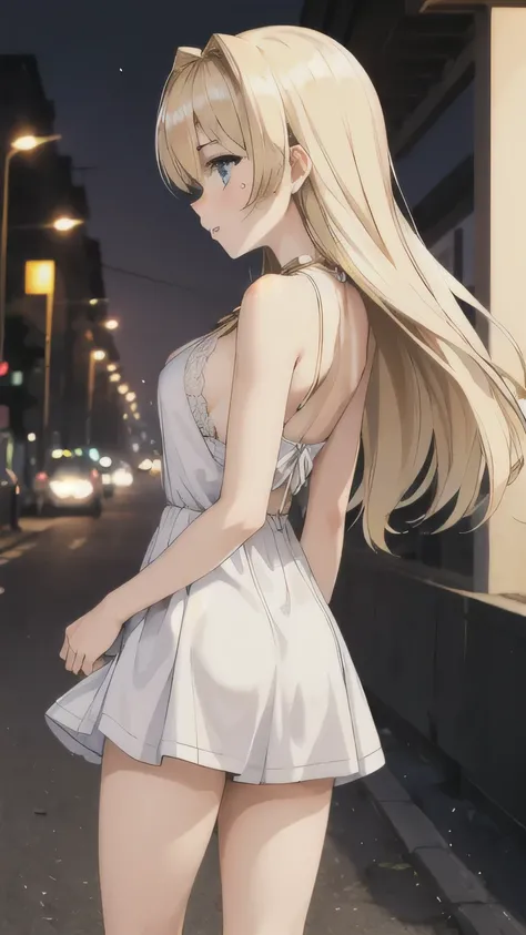 (masterpiece), (ultra quality), 1girl, solo, (cute girl), ((18years old girl)), (golden blonde hair:1.5), (long hair), bang, (blue eyes), (medium large breasts:1.2), fair skin, wearing white sundress with (black string tie) flowing to her knee, modest neck...