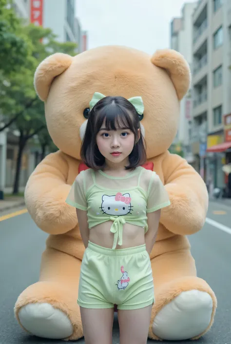 SMALL CUTE MALAY SHORTHAIRCUT , (realistic, photo-realistic:1.4), (1 FUTUNARI), small breast, wearing light green cropped singlet and hello kitty plain panties, hand on hips, ((SMALL NIPPLES)), (( TRANSPARENT )), ((TEARS)). KEDUA BELAH TANGAN DILETAK DIBEL...