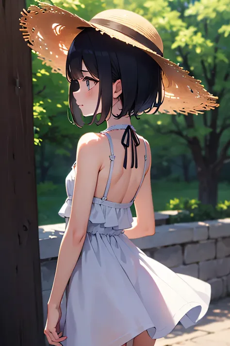 1 girl, wolfcut hair , depressed face, petite body, sun dress, summer hat, back shot looking away from camera
